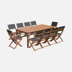Table De Jardin Extensible Bois, 10 Chaises Couleur : Bois / Anthracite -Mobilier de maison EC300R10AT 02