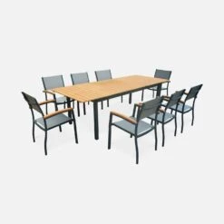 Table De Jardin Extensible Bois Et Aluminium, 8 Chaises Couleur : Anthracite / Gris Taupe -Mobilier de maison ECXTS250R8AT 01
