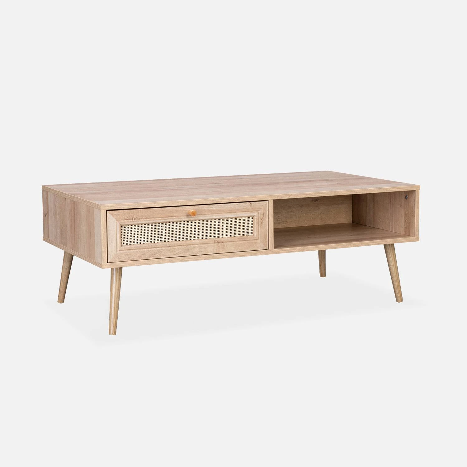 Table Basse Scandinave En Cannage, 1 Tiroir Couleur : Naturel 2 Table Basse Scandinave En Cannage, 1 Tiroir Couleur : Naturel – Image 2