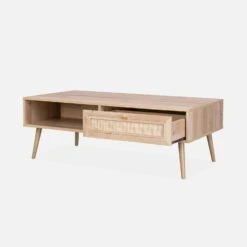 Table Basse Scandinave En Cannage, 1 Tiroir Couleur : Naturel 10 Table Basse Scandinave En Cannage, 1 Tiroir Couleur : Naturel -Mobilier de maison IBOCOFTABLE 02