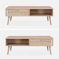 Table Basse Scandinave En Cannage, 1 Tiroir Couleur : Naturel 8 Table Basse Scandinave En Cannage, 1 Tiroir Couleur : Naturel -Mobilier de maison IBOCOFTABLE 03