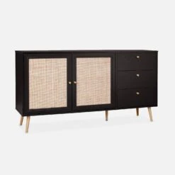 Buffet Scandinave Effet Bois Et Cannage 2 Portes 150 Cm Couleur : Noir -Mobilier de maison IBOSIDEBOAXLBK 01