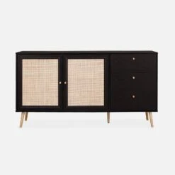Buffet Scandinave Effet Bois Et Cannage 2 Portes 150 Cm Couleur : Noir -Mobilier de maison IBOSIDEBOAXLBK 02
