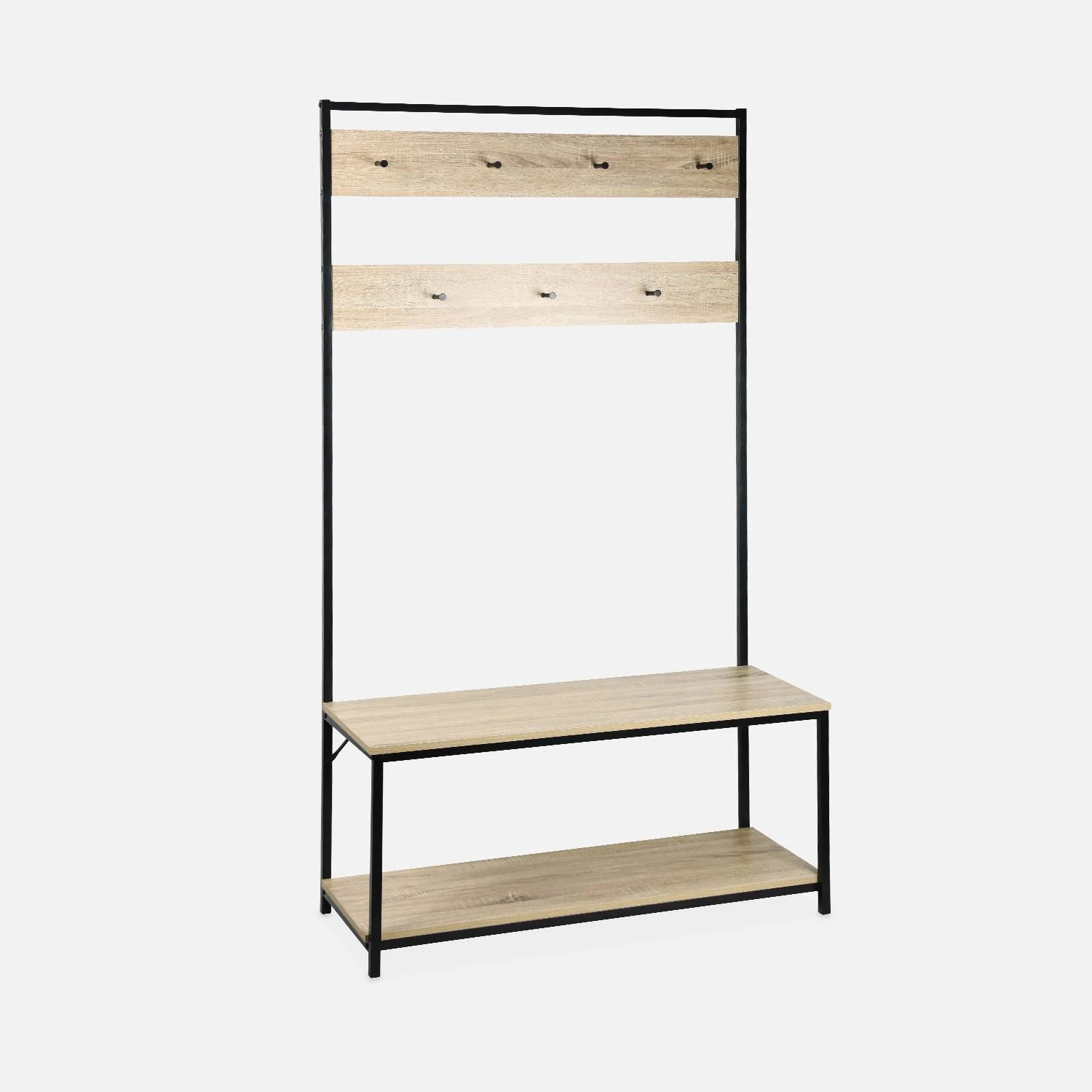 Meuble D'entrée Métal Et Effet Bois 2 Niveaux Et 7 Crochets 4 Meuble D'entrée Métal Et Effet Bois 2 Niveaux Et 7 Crochets – Image 4