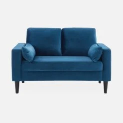 Canapé 2 Places Vintage Velours Pieds Bois D'hévéa Couleur : Bleu -Mobilier de maison ISOF2VVBD 02