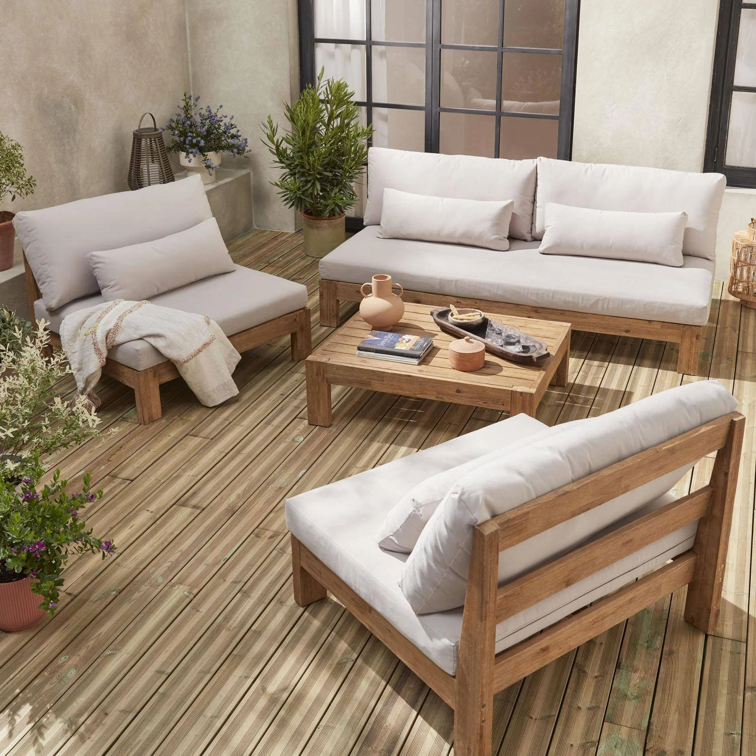 Salon De Jardin Bois Premium 5 Places Couleur : Bois / Beige 1 Salon De Jardin Bois Premium 5 Places Couleur : Bois / Beige
