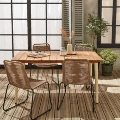 Table De Jardin Bois Et Métal + 4 Chaises En Corde Empilables Couleur : Ivoire / Beige