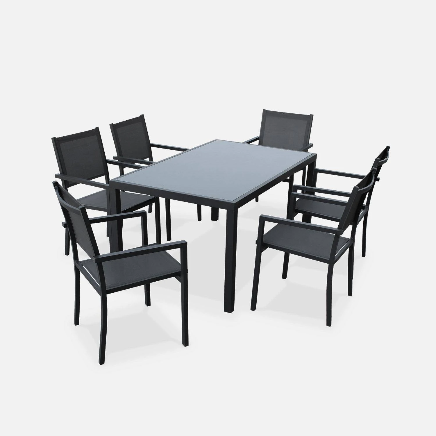 Table De Jardin Aluminium Et Textilène, 6 Chaises Empilables Couleur : Anthracite / Gris 2 Table De Jardin Aluminium Et Textilène, 6 Chaises Empilables Couleur : Anthracite / Gris – Image 2