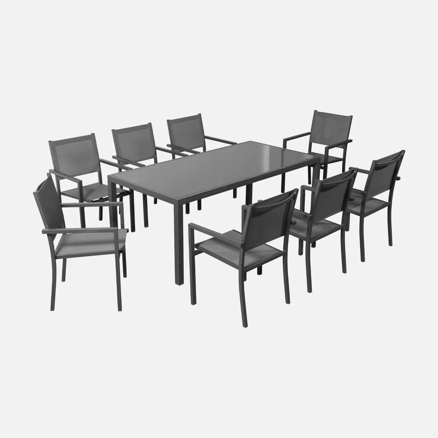 Table De Jardin Aluminium Et Textilène, 8 Chaises Empilables Couleur : Anthracite / Gris 2 Table De Jardin Aluminium Et Textilène, 8 Chaises Empilables Couleur : Anthracite / Gris – Image 2