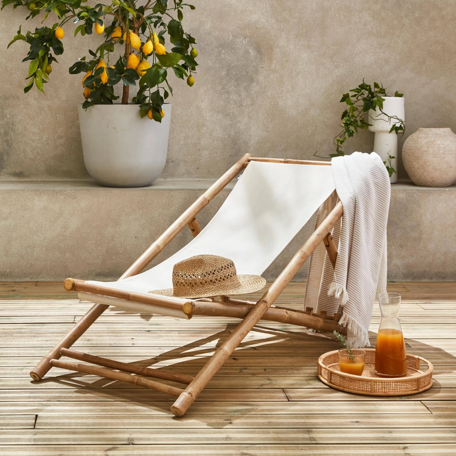 Chilienne Bambou , Toile Naturelle Pliable, Multi Positions 2 Chilienne Bambou , Toile Naturelle Pliable, Multi Positions â Image 2