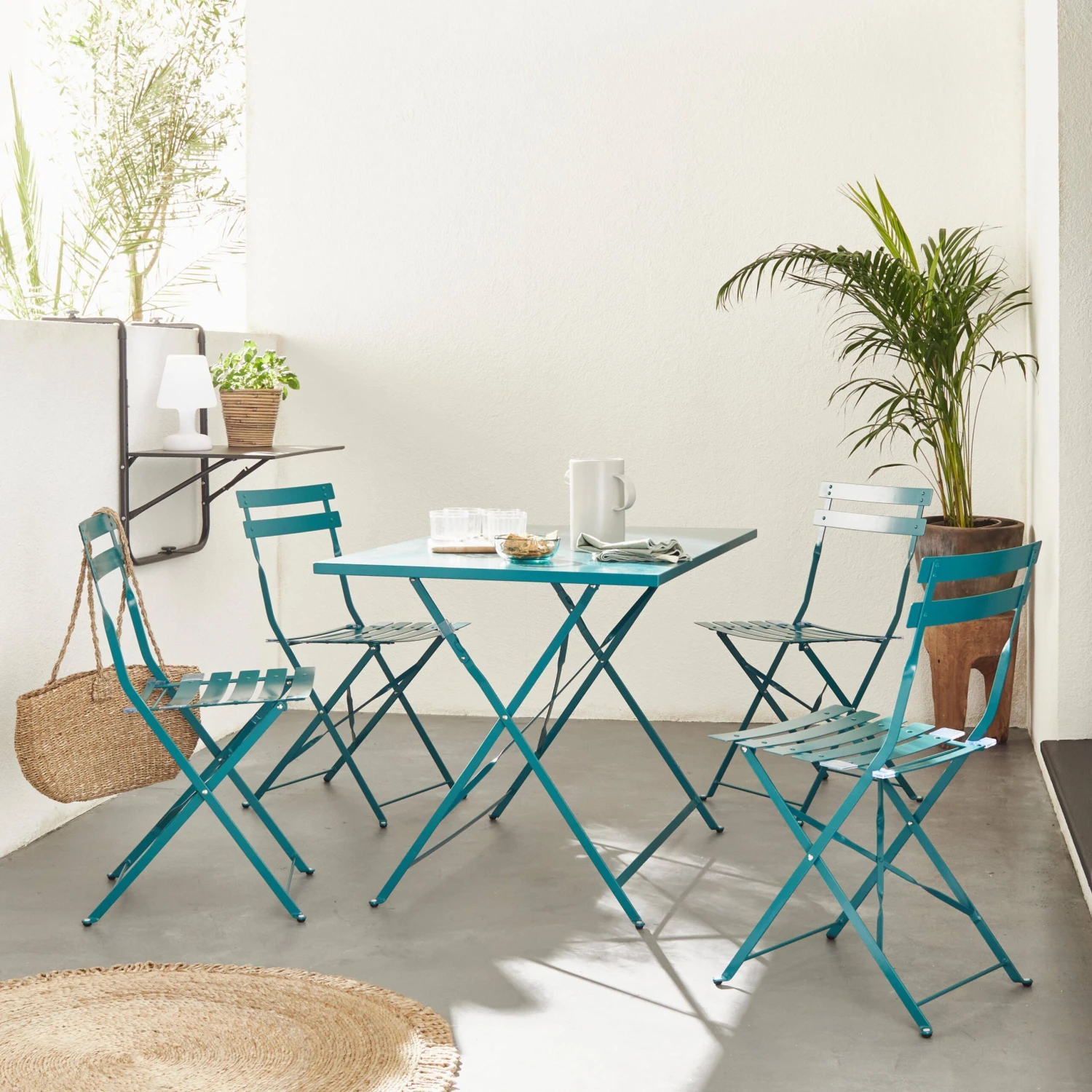 Table De Jardin Bistrot Pliable Métal, 4 Chaises Couleur : Bleu Canard 1 Table De Jardin Bistrot Pliable Métal, 4 Chaises Couleur : Bleu Canard