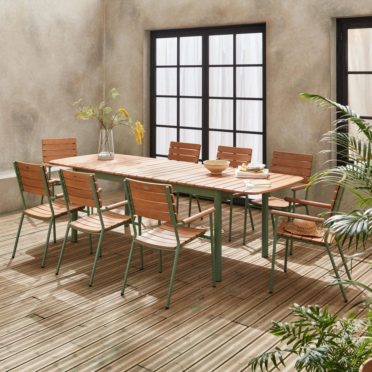 Table De Jardin Extensible Bois Et Aluminium 190/253 Cm, 8 Chaises Empilables 1 Table De Jardin Extensible Bois Et Aluminium 190/253 Cm, 8 Chaises Empilables