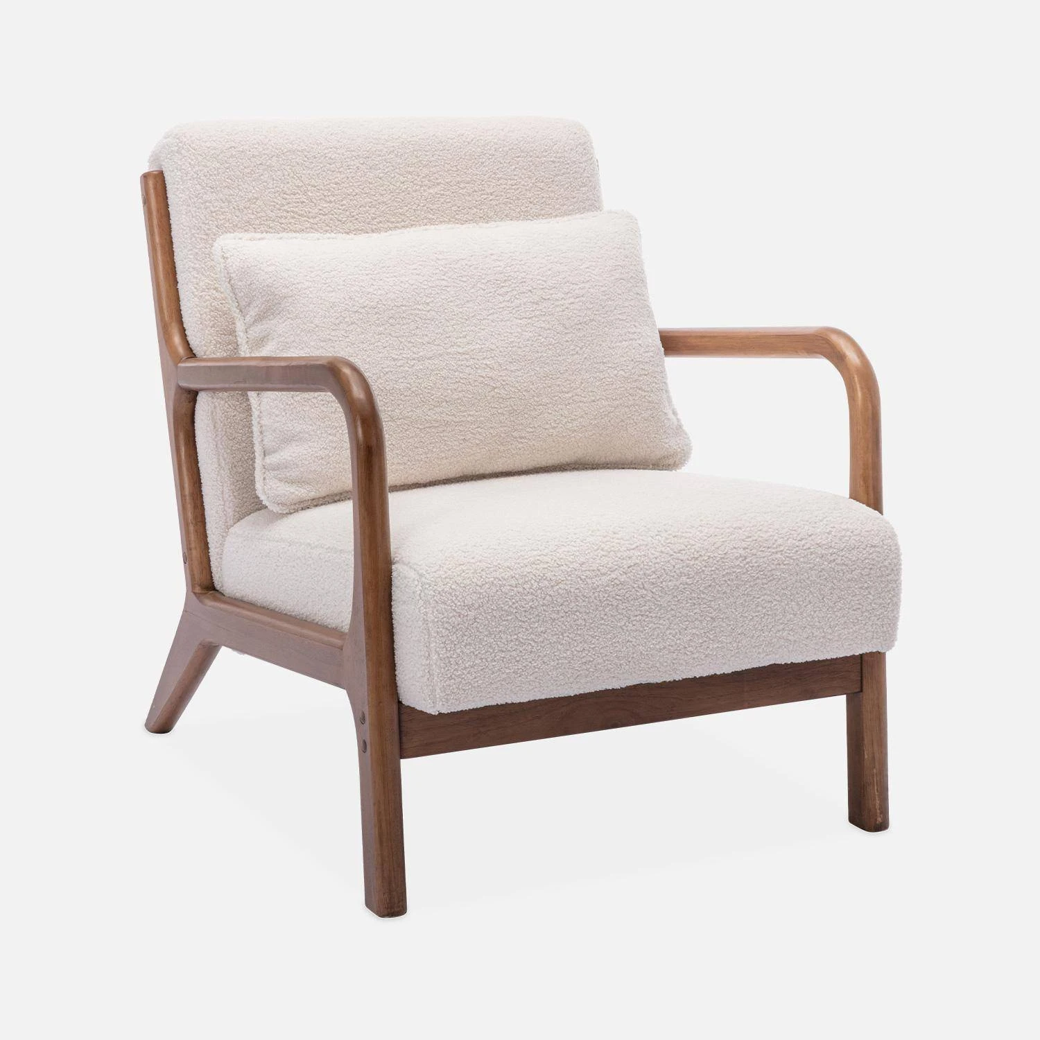 Fauteuil Scandinave Bouclettes Et Bois D'hévéa Teinté Noyer Clair 3 Fauteuil Scandinave Bouclettes Et Bois D'hévéa Teinté Noyer Clair – Image 3