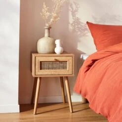 Table De Chevet Effet Bois Et Cannage, 1 Tiroir
