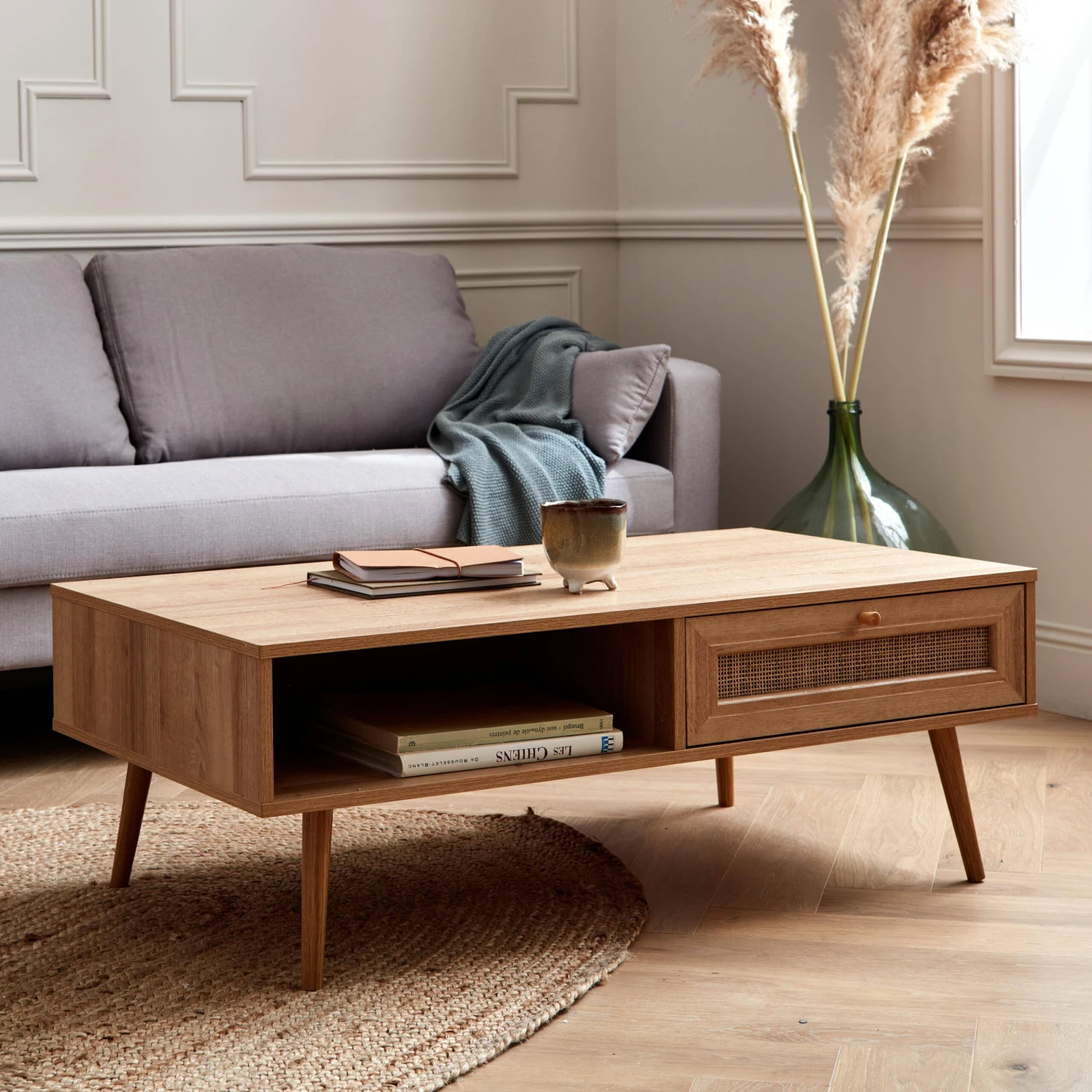 Table Basse Scandinave En Cannage, 1 Tiroir Couleur : Naturel 1 Table Basse Scandinave En Cannage, 1 Tiroir Couleur : Naturel