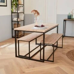 Table Et 2 Bancs Encastrables Acier Et Effet Bois 4 Places Couleur : Noir -Mobilier de maison ids140r4 cff495256139e5176beaa8add1bdec48