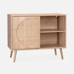 Buffet Scandinave Décor Bois Et Cannage Arrondis 1 Portes 80cm