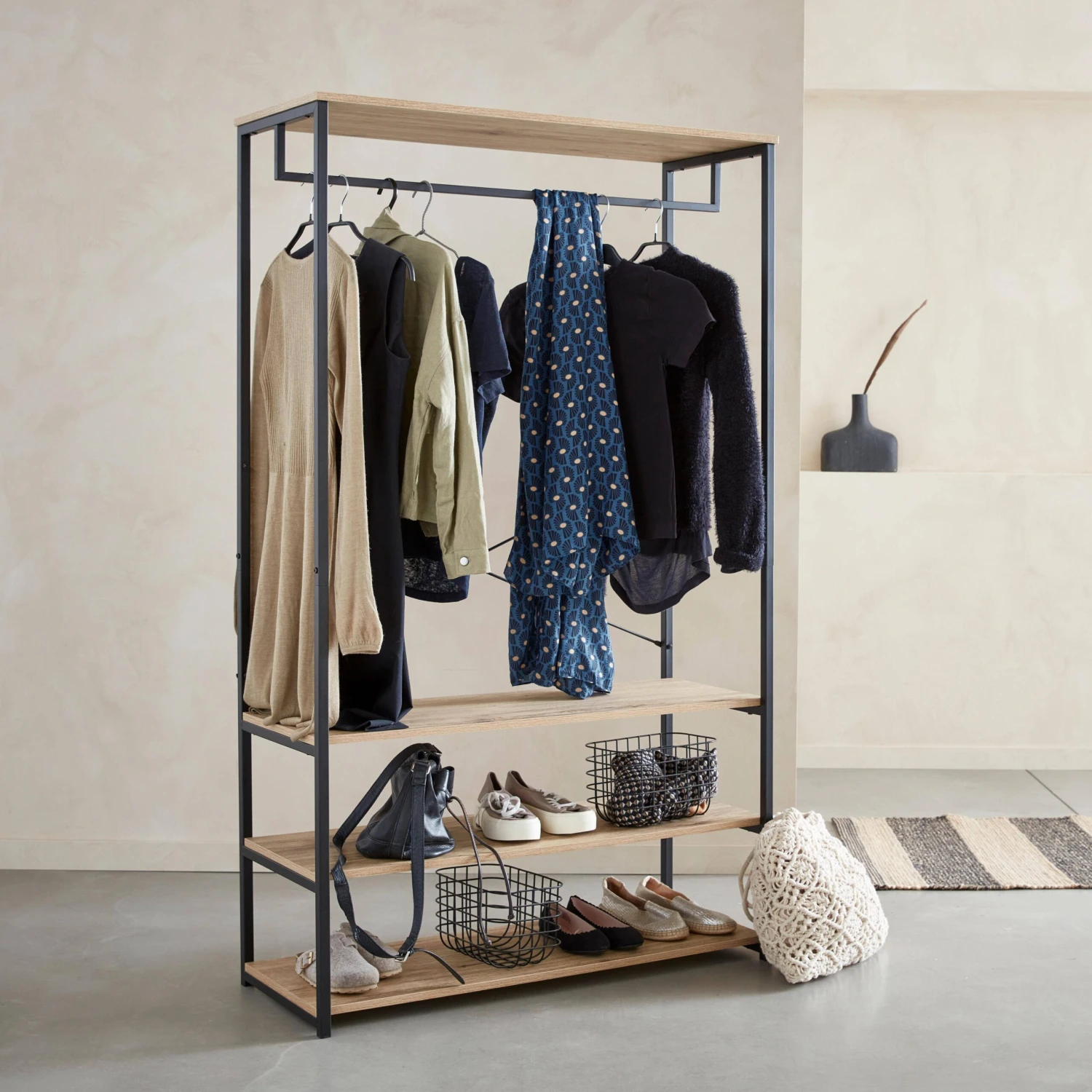 Meuble D'entrée Métal Et Décor Bois, 3 Niveaux, Barre De Penderie 2 Meuble D'entrée Métal Et Décor Bois, 3 Niveaux, Barre De Penderie – Image 2