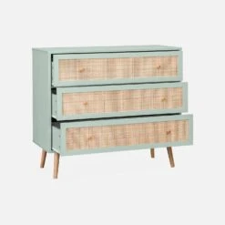 Commode Effet Bois Et Cannage 3 Tiroirs Couleur : Vert Céladon -Mobilier de maison irat3dcabgc 6d35af9b4f7bce53b64e51298b930a92