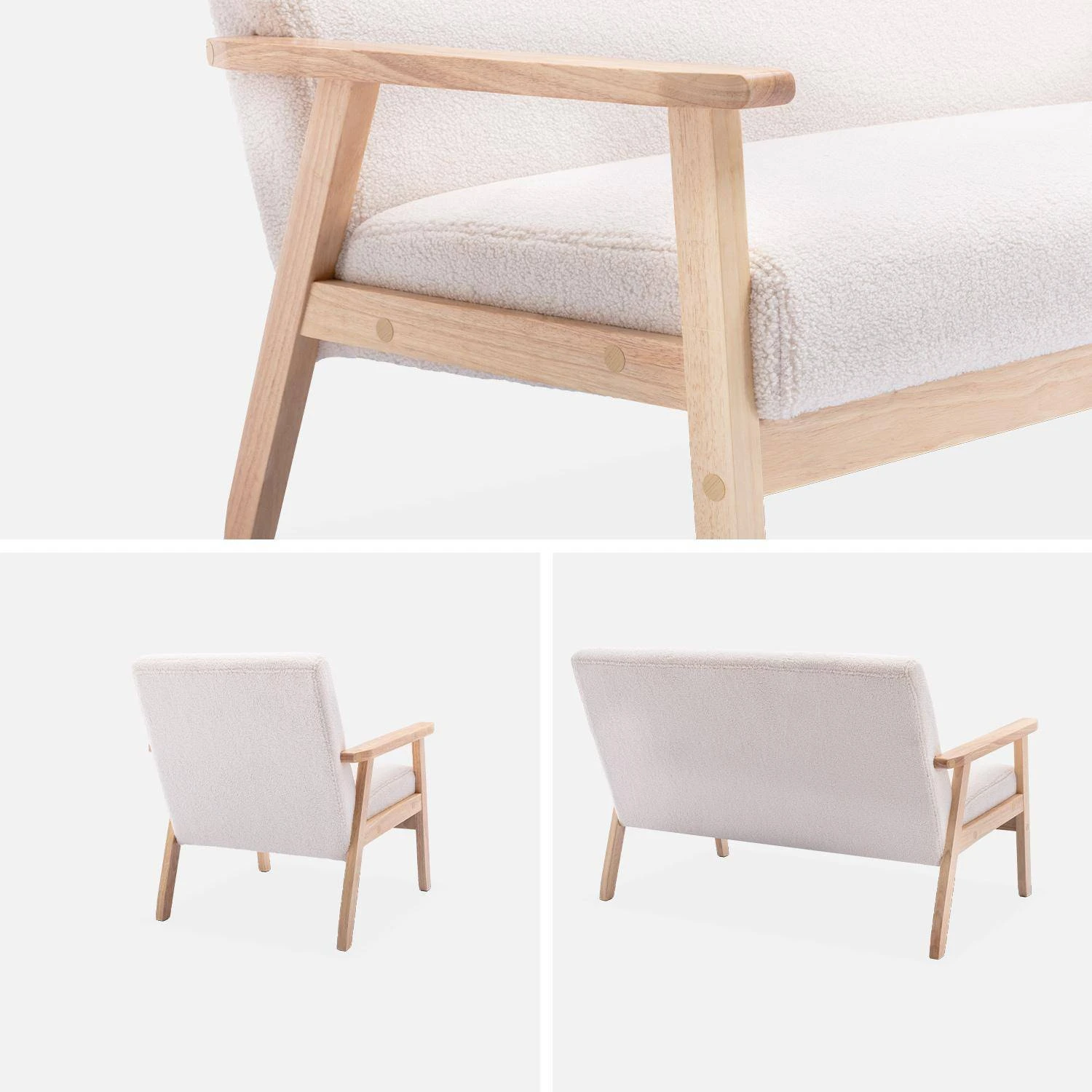 Fauteuil Et Banquette Tissu Bouclette Et Bois D'hévéa 6 Fauteuil Et Banquette Tissu Bouclette Et Bois D'hévéa – Image 6