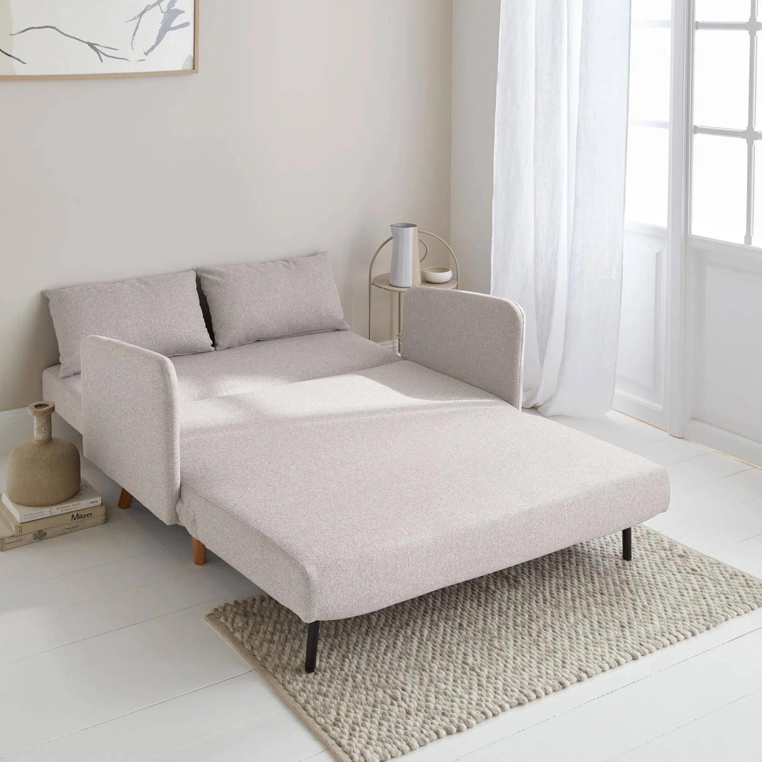 Canapé Convertible 2 Places Pieds Bois Couleur : Beige 2 Canapé Convertible 2 Places Pieds Bois Couleur : Beige – Image 2
