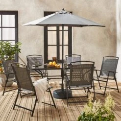 Table De Jardin Acier, 6 Fauteuils Et 1 Parasol
