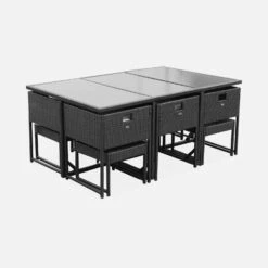 Table De Jardin Encastrable Résine Tressée 6 Chaises, 4 Poufs Couleur : Noir / Ecru -Mobilier de maison wk6cubepfbk 2aff644756054c92644c2bf186f27785