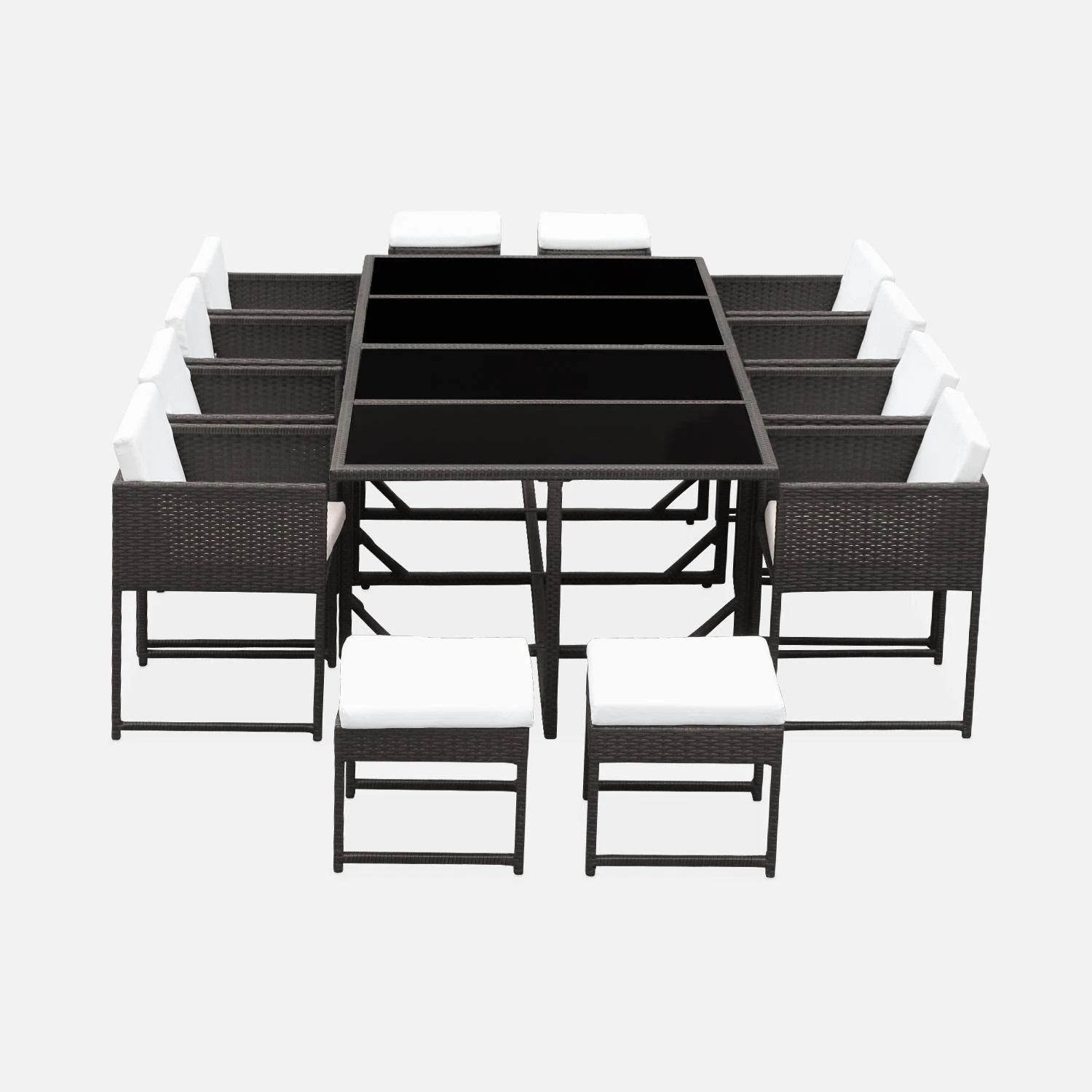 Table De Jardin Encastrable Résine Tressée 8 Chaises, 4 Poufs Couleur : Marron / Ecru 2 Table De Jardin Encastrable Résine Tressée 8 Chaises, 4 Poufs Couleur : Marron / Ecru – Image 2