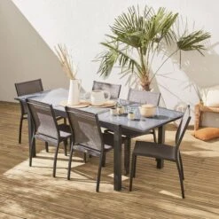 Table De Jardin Extensible Aluminium, 6 Chaises Couleur : Gris / Gris Taupe